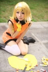 blonde_hair boots cosplay dress fingerless_gloves hairband hair_clips hayase_ami kagamine_rin paintbrush rabaraba_5000_(vocaloid) single_thighhigh thighhighs vocaloid rating:Safe score:3 user:nil!
