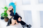 aqua_hair black_legwear cosplay croptop detached_sleeves hairbow hatsune_miku mashiro_yuki pleated_skirt ponytail project_diva skirt thighhighs vocaloid zettai_ryouiki rating:Safe score:3 user:nil!