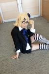 blazer blonde_hair blouse cosplay glare_(vocaloid) glasses hair_clips kagamine_rin looking_over_glasses miniskirt skirt striped striped_socks thighhighs tie vocaloid yapa zettai_ryouiki rating:Safe score:1 user:pixymisa