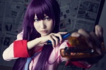 bakemonogatari blouse cosplay hiokichi purple_eyes purple_hair senjougahara_hitagi rating:Safe score:0 user:Kryzz