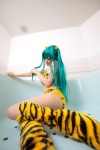 aqua_hair bathroom bathtub bikini_top cosplay horns kirihara_mizui leggings lum shorts swimsuit tiger_print urusei_yatsura rating:Safe score:0 user:nil!