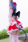 blouse blue_hair bonnet bow cosplay croptop half_skirt_open_front lenfried remilia_scarlet tail tail_plug thighhighs touhou wings rating:Safe score:1 user:nil!