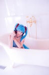 aqua_hair bathroom bathtub bikini_top cosplay hatsune_miku headset mashiro_yuki project_diva swimsuit twintails vocaloid rating:Safe score:0 user:nil!