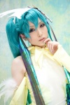 aqua_hair cosplay detached_sleeves dress hatsune_miku headdress jiruko twintails vocaloid rating:Safe score:0 user:pixymisa