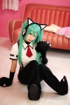 animal_ears aqua_hair blouse cat_ears cosplay ear_muffs hatsune_miku headset mittens project_diva ryuga suspenders tie trousers twintails vocaloid rating:Safe score:0 user:nil!