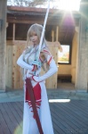 asuna_yuuki blonde_hair chest_armor cosplay detached_sleeves kanda_midori skirt sword sword_art_online rating:Safe score:1 user:NomadSoul