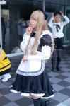 apron blonde_hair cosplay hairbow hizu kneehighs maid maid_uniform striped tagme_character tagme_series rating:Safe score:0 user:nil!