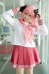 cosplay hairbows kobayakawa_yutaka lucky_star pantyhose pink_hair pleated_skirt sailor_uniform saori school_uniform skirt rating:Safe score:0 user:nil!