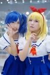 aikatsu! blonde_hair blue_hair cosplay hairbow hoshimiya_ichigo kiriya_aoi kitazawa_natume minami_rion pleated_skirt sailor_uniform school_uniform side_ponytail skirt rating:Safe score:0 user:nil!