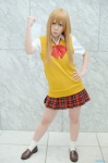 ahoge blonde_hair blouse cosplay fujihisa ikkitousen pleated_skirt school_uniform skirt socks sonsaku_hakufu sweater_vest rating:Safe score:0 user:nil!