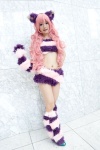 alice_in_wonderland animal_ears bikini_top cat_ears cheshire_cat cosplay pink_hair shorts striped swimsuit tail yuuri_(iii) rating:Safe score:1 user:pixymisa