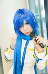 ayasame blue_eyes blue_hair cosplay detached_sleeves dress kaiko microphone scarf vocaloid rating:Safe score:0 user:pixymisa