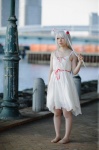animal_ears bakemonogatari cat_ears cosplay dress hanekawa_tsubasa mizuki_mao pantyhose sheer_legwear white_hair rating:Safe score:1 user:pixymisa