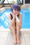 akitsu_honoka bandage chuunibyou_demo_koi_ga_shitai! cosplay eyepatch hair_ribbon pantyhose purple_eyes purple_hair sheer_legwear swimsuit takanashi_rikka rating:Safe score:4 user:pixymisa