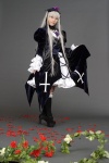 cosplay feathers kneehighs rose_petals roses rozen_maiden ruffles silver_hair suigintou suzukaze_yuuki rating:Safe score:1 user:nil!