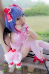 blouse blue_hair bonnet bow cosplay croptop half_skirt_open_front lenfried remilia_scarlet tail_plug thighhighs touhou wings rating:Safe score:0 user:nil!