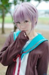 cardigan cosplay glasses hayase_ami nagato_yuki purple_hair sailor_uniform school_uniform suzumiya_haruhi_no_yuuutsu rating:Safe score:4 user:nil!