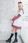 blonde_hair blue_eyes cosplay dress hairbow hiokichi jacket kneesocks school_uniform toshino_kyoko yuruyuri rating:Safe score:2 user:pixymisa