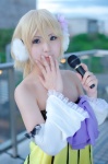 blonde_hair colorful_x_melody_(vocaloid) cosplay detached_sleeves dress ear_muffs kagamine_rin makoko microphone project_diva vocaloid rating:Safe score:0 user:nil!