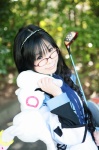akatsuki_ayumi akemi_homura blouse cosplay glasses golf_club hairband pleated_skirt puella_magi_madoka_magica shield skirt twin_braids rating:Safe score:0 user:nil!