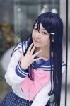 blue_hair cosplay danganronpa hair_clips isshiki_yuima maizono_sayaka pleated_skirt sailor_uniform school_uniform skirt rating:Safe score:0 user:nil!