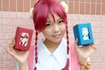 apron bannō_bunka_nekomusume blouse cosplay eko_(ii) hair_buns nuku_nuku pink_hair twin_braids waitress waitress_uniform rating:Safe score:0 user:pixymisa