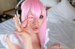 apron arai_yomi bed cosplay headphones nearly_naked_apron nitro_super_sonic pink_hair soniko_nuija_imashita super_soniko rating:Safe score:0 user:nil!