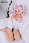 blouse cosplay headphones natsumi_(ii) nitro_super_sonic pantyhose pink_eyes pink_hair sheer_legwear shorts super_soniko rating:Safe score:1 user:pixymisa
