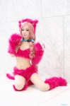 animal_ears bikini_top cat_ears cosplay himekawa_azuru kuma-chan leggings pantyhose paw_gloves pink_hair sheer_legwear shorts swimsuit tail twintails rating:Safe score:1 user:nil!