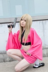 blonde_hair cosplay croptop gintama gun kijima_matako miniskirt pistol sandals skirt socks soubi_zero rating:Safe score:2 user:pixymisa