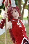 blouse cosplay detached_sleeves hairbow noko ponytail puella_magi_madoka_magica red_hair sakura_kyouko spear rating:Safe score:1 user:nil!