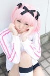 aisu bloomers cosplay hairbows hibari_(senran_kagura) kneesocks pantyhose pink_hair senran_kagura sheer_legwear track_jacket rating:Safe score:1 user:pixymisa