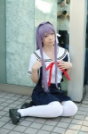 clannad cosplay fujibayashi_kyou jumper purple_hair ryuuna sailor_uniform school_uniform thighhighs rating:Safe score:0 user:xkaras