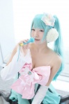 aqua_hair cleavage cosplay detached_sleeves dress hatsune_miku kneehighs microphone tagme_song twintails uni vocaloid rating:Safe score:0 user:nil!