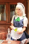 apron bottle cosplay dress izayoi_sakuya koyuki maid maid_uniform silver_hair touhou twin_braids rating:Safe score:3 user:bored_man