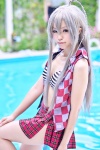 ahoge asanagi_rin bikini_top blouse cosplay haiyore!_nyaruko-san nyaruko pleated_skirt silver_hair skirt striped swimsuit rating:Safe score:4 user:pixymisa