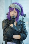bodysuit cosplay fingerless_gloves ghost_in_the_shell gloves jacket kusanagi_motoko makiron purple_hair visor rating:Safe score:0 user:nil!