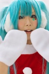 aqua_hair cosplay dress ear_muffs haru_mizuki hatsune_miku mittens santa_costume twintails vocaloid rating:Safe score:1 user:nil!