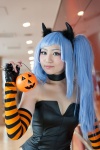 blue_hair choker corset cosplay detached_sleeves fingerless_gloves gloves hatsune_miku horns kouta pumpkin striped twintails vocaloid rating:Safe score:0 user:pixymisa