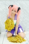 cheerleader_uniform cosplay dress hair_ribbons kobayakawa_yutaka lucky_star pantyhose pink_hair pom_poms saori socks twintails rating:Safe score:0 user:nil!
