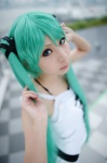 aqua_hair camisole cosplay hair_clips hair_ribbons hatsune_miku kanda_midori laces miniskirt skirt twintails vocaloid world_is_mine_(vocaloid) rating:Safe score:3 user:nil!