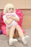 blonde_hair cosplay futaba_anzu idolmaster shio_(ii) shorts socks stuffed_animal tshirt twintails rating:Safe score:0 user:nil!