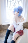 ayanami_rei bathroom blouse blue_hair bra cleavage cosplay kneesocks neon_genesis_evangelion open_clothes pleated_skirt rebuild_of_evangelion school_uniform skirt tatsuki_(ii) rating:Safe score:8 user:nil!