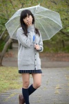 blouse braid cardigan kneesocks nanaka_amanonanae pleated_skirt rain scarf skirt umbrella rating:Safe score:0 user:pixymisa