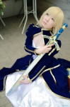 blonde_hair cleavage cosplay dress fate/series fate/stay_night jacket maropapi saber sword rating:Safe score:0 user:nil!