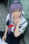 clannad cosplay fujibayashi_kyou jumper purple_hair ryuuna sailor_uniform school_uniform thighhighs rating:Safe score:0 user:xkaras