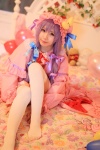 amatsuka_miyu bed cosplay dress hat patchouli_knowledge purple_hair robe thighhighs touhou zettai_ryouiki rating:Safe score:1 user:nil!