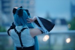 aqua_hair cosplay detached_sleeves dress hairbows hatsune_miku headset project_diva twintails vocaloid yoppy rating:Safe score:1 user:nil!