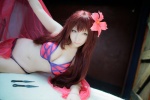 bed bikini cleavage cosplay fate/grand_order knives purple_hair saku sarong scathach_(fate/grand_order) shadow_queen side-tie_bikini swimsuit rating:Safe score:2 user:nil!