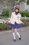 clannad cosplay furukawa_nagisa kneesocks pleated_skirt reco sailor_uniform school_uniform skirt skirt_lift rating:Safe score:2 user:nil!